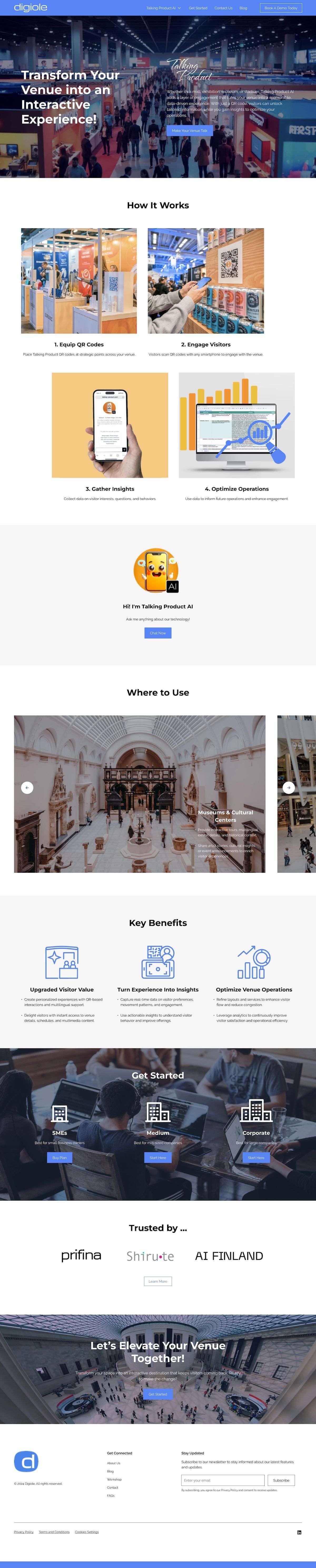 Full-length landing page design for an AI venue assistant